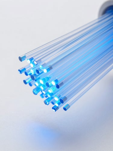 Close-up of high-speed fiber-optic glass textures glowing with soft blue light, clean corporate technology aesthetic, sharp focus