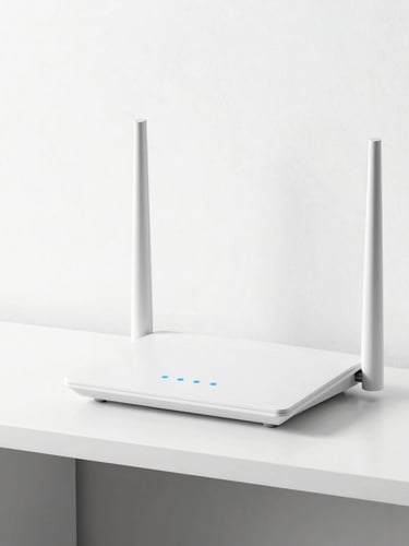 A clean home router with soft blue status lights on a minimalist white shelf, daylight, sharp focus
