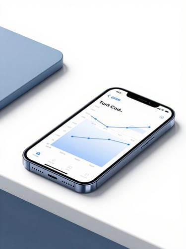 Sleek modern smartphone displaying a clean network signal graph on a desk, bright high-key studio lighting, slate blue accents