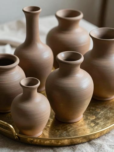 Artistic macro shot of polished clay vessels and heavy linen textiles on a brass tray, soft side-lighting.