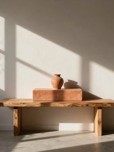 Sun-drenched minimalist living room featuring a beautifully integrated terracotta altar on a raw wood console, soft morning light, architectural shadows.