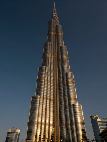 Panoramic low-angle architectural photograph of the Burj Khalifa during golden hour twilight, deep navy sky, warm gold light reflecting off the glass facade, sharp focus, 35mm lens