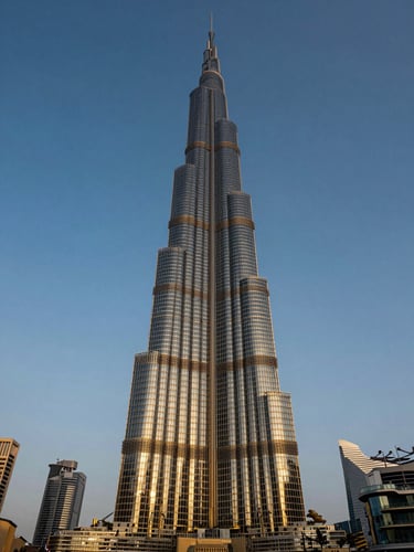 Low-angle premium architectural photography of the Burj Khalifa during golden hour twilight, deep navy and gold tones, sharp focus, 35mm lens