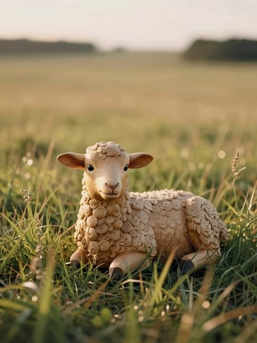 Soft golden-hour sunlight filtering through a vast open pasture, a single hand-carved wooden lamb resting in the tall grass, shallow depth of field, 35mm film style.