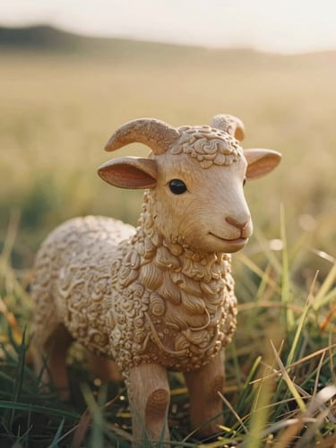 Close-up of a hand-carved wooden lamb nestled in soft, golden-hour grass, warm sunlight backlighting the scene, shallow depth of field, 35mm film.