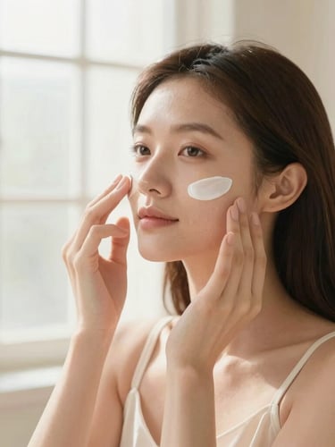 Elegant woman applying a luxurious face serum in a serene, sunlit beauty room, soft morning window light, cream and blush tones, shallow depth of field, 35mm