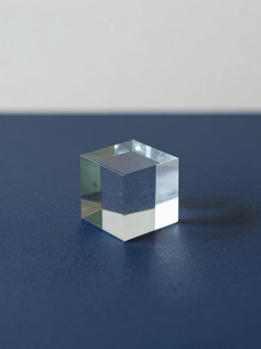 Minimalist composition, soft overcast daylight, a structured geometric glass prism reflecting clean light on a deep navy surface, 35mm lens.
