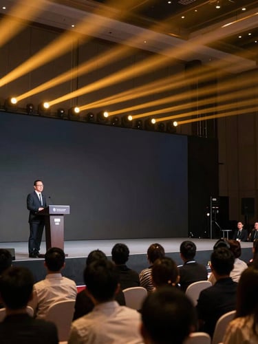 A wide-angle shot of a modern Indonesian corporate event hall, dynamic stage lighting with warm amber spotlights, a professional speaker standing confidently at the podium, an engaged audience in soft focus, high contrast.