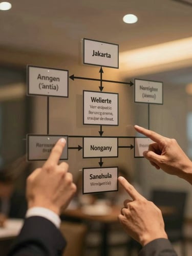 Close-up of a collaborative corporate planning session in Jakarta, hands pointing at structured organizational charts on a glass board, warm amber lighting