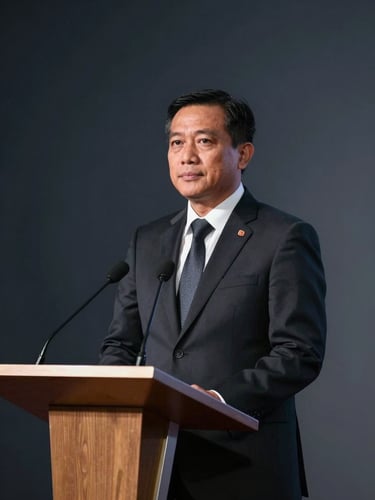 Professional Indonesian business leader standing confidently by a podium, dramatic spotlighting, deep slate tones, crisp 50mm lens, modern editorial style