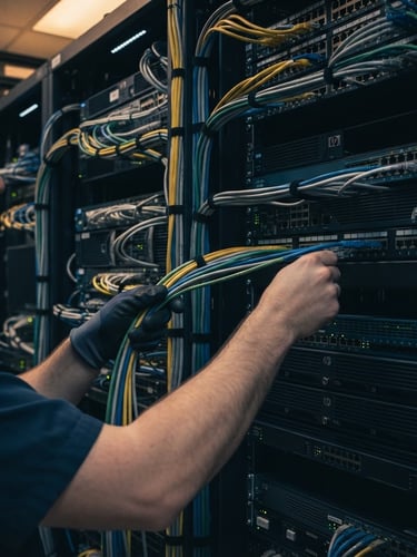 Technicien installant un câblage structuré dans une baie de serveurs, gros plan sur les mains et les câbles, éclairage contrasté, tons bleu ardoise et ambre, composition architecturale nette.