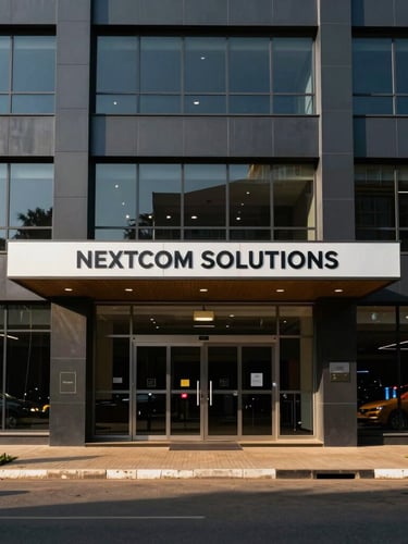 Wide shot of a modern office building entrance in Yaoundé, Cameroon, with a subtle sign for 'NEXTCOM SOLUTIONS' and the 'MAX' supermarket across the street, sharp high-contrast lighting, deep slate and amber tones, clean architectural composition, 50mm lens.