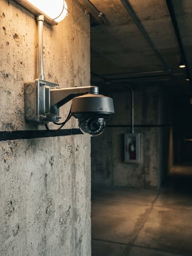 Wide shot of a modern IP security camera mounted on a concrete wall inside a commercial building, sharp high-contrast lighting, deep slate and amber tones, clean architectural composition, 50mm lens, focus on the camera and its secure mounting.