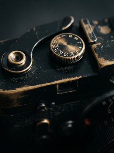 Extreme close-up of a rangefinder camera top plate, matte black paint wearing to show brass underneath, sharp side lighting on the shutter dial, shallow depth of field