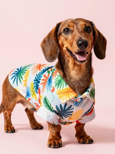 Vibrant pet photography, a happy dachshund wearing a colorful custom-tailored tropical shirt, standing proudly on a soft pastel background, bright natural daylight, eye-level shot.