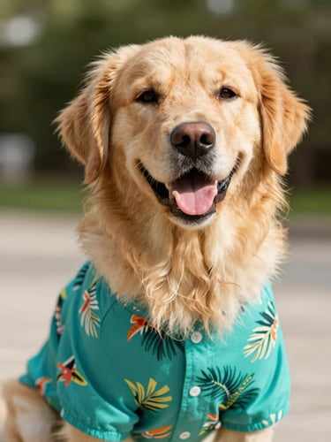 Eye-level shot of a happy Golden Retriever wearing a vibrant tropical teal shirt, bright natural daylight, cheerful warm tones, shallow depth of field.