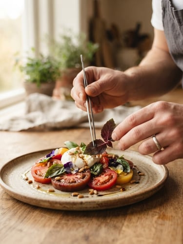Close-up of a chef's hands plating a vibrant heirloom tomato dish under soft, natural Scandinavian window light, shallow depth of field, rich crimson tones