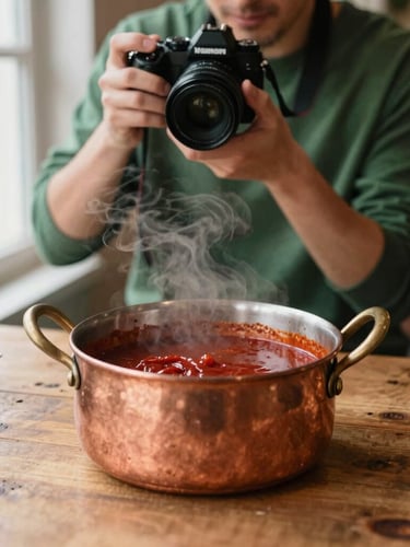 Candid environmental shot of a photographer holding a camera over a rustic wooden table, capturing a steaming copper pot of reduction sauce, soft natural lighting, cozy restaurant background