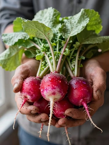 A close-up of a farmer's dirt-stained hands cradling a bunch of freshly harvested heirloom radishes, morning dew clinging to the vibrant red and purple skins, soft diffused natural light, shallow depth of field.