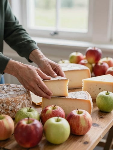 Close-up of hands arranging artisanal cheese wheels and organic heirloom apples on a rustic wooden market stall, soft diffused Scandinavian window light, shallow depth of field.