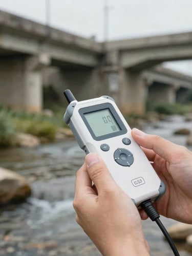 Close-up of hands holding a water quality testing device over a stream, concrete infrastructure in background, overcast daylight, professional 35mm photography.