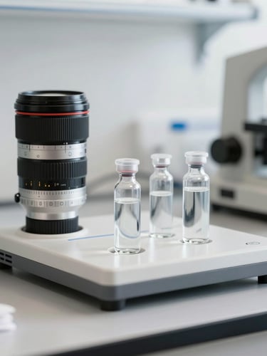 Close-up of water testing equipment and glass vials on a metal laboratory table, bright clean lighting, professional architectural lens