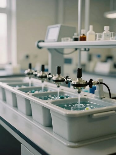 Crisp editorial photography of a water filtration testing array in an environmental laboratory, natural overcast daylight, muted earth tones, 35mm.