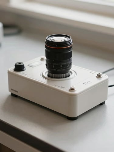 Crisp editorial close-up of a water filtration testing kit on a slate-grey workbench, natural overcast daylight, muted earth tones, professional 35mm lens composition.