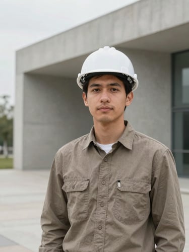 Professional portrait of a young male environmental engineer, outdoor setting with clean modern architectural concrete background, overcast daylight, muted earth tones.