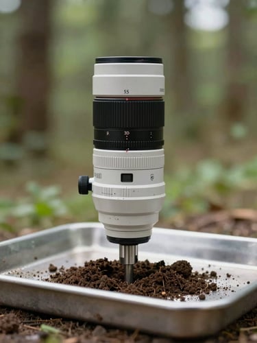 Crisp close-up of soil sampling equipment on a metal tray, natural overcast daylight, muted forest green background, professional 35mm