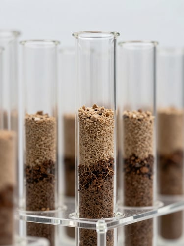 Close-up of stratified soil core samples inside a clear acrylic testing tube, showing layers of sand and clay, sharp focus, natural overcast light.