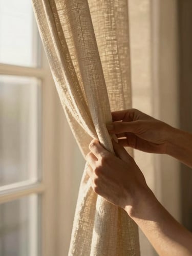 Close-up of hands adjusting heavy linen drapes, soft directional golden-hour window light, rich tactile textures, shallow depth of field, architectural 35mm