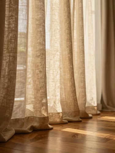 Architectural wide shot of a luxury Jakarta living room, warm golden-hour light illuminating heavy linen drapes pooling perfectly on a polished hardwood floor, shallow depth of field.