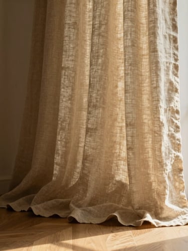 Elegant heavy linen drapes pooling perfectly on hardwood floors, soft golden-hour window light, rich tactile textures, architectural 35mm