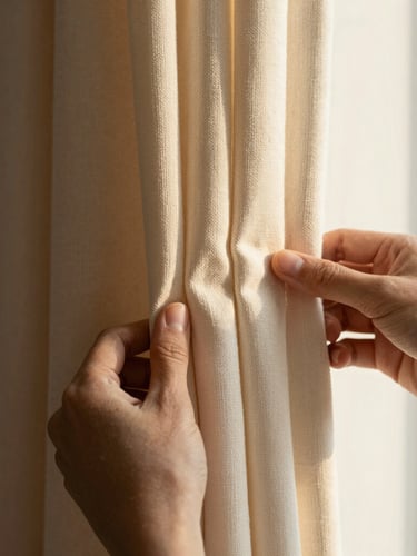 Macro close-up of hands adjusting the heavy pleats of a soft ivory curtain, warm directional window light highlighting the rich tactile texture of the weave.