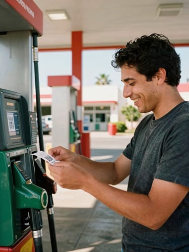 Dynamic medium shot of a driver in Tijuana smiling while scanning a QR code on a receipt at a bright modern gas station, warm Baja California sunlight, 35mm film.