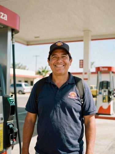 Dynamic medium shot of a friendly gas station attendant in Tijuana smiling warmly, bright Baja California sunlight, rich primary colors, 35mm film style