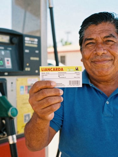 Close-up of a smiling Mexican driver holding a promotional ticket next to a fuel pump, warm Baja California sunlight