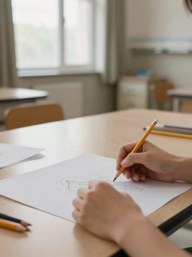 A quiet, sunlit hospital common room with a long table, hands holding charcoal pencils sketching soft lines on heavy paper, shallow depth of field, peaceful atmosphere.