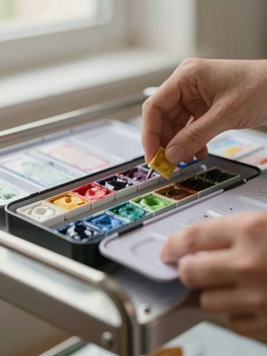 Close-up of hands arranging professional grade watercolor pans on a clean stainless steel cart under soft morning light, shallow depth of field