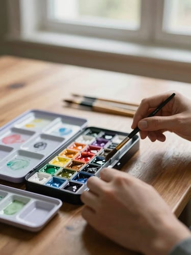 Close-up of hands arranging high-quality watercolor pans and clean brushes neatly on a wooden table, soft natural window light, shallow depth of field