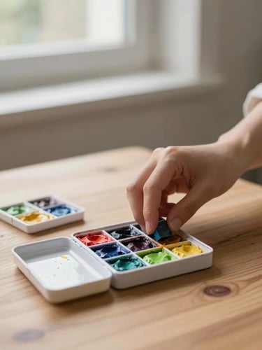 Hands carefully arranging dry watercolor pans on a clean wooden table, soft natural window light, muted slate background, shallow depth of field.