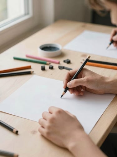 Overhead view of a clean, organized therapeutic art workshop table, hands carefully holding charcoal pencils, soft natural light from a side window