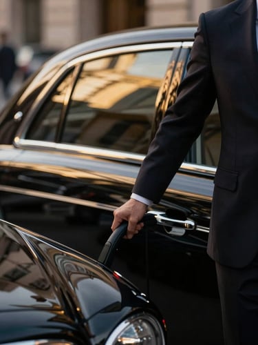 Cinematic close-up of a professional chauffeur in a tailored dark suit opening the door of an immaculate black luxury car, golden-hour city light reflections on the polished vehicle body, shallow depth of field, 85mm lens