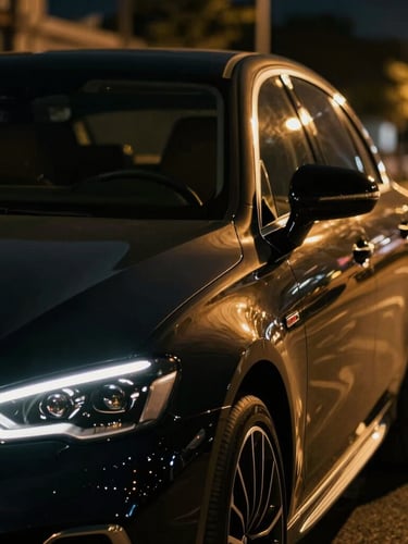 Cinematic close-up of a pristine black luxury sedan parked under soft golden city lights at night, reflections highlighting the sleek metallic lines, shallow depth of field.