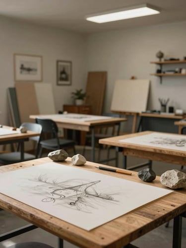 Wide-angle environmental shot of a quiet, sunlit private art studio in Wyoming, drawing tables with sketches and raw stones, soft side-lighting.