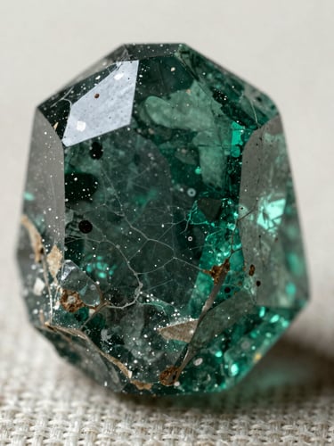 Extreme macro photograph of a raw emerald crystal showing deep green internal fractures and natural inclusions, softly lit from the side on textured linen