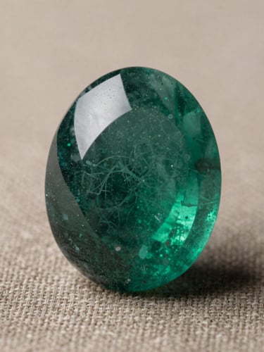 Extreme close-up of a deep green emerald showing its complex inner jardin inclusions, resting on a warm linen-textured taupe surface under soft directional studio light.