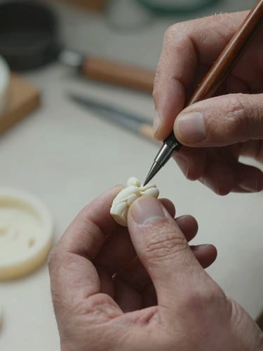 Close-up of artisan hands carving a delicate wax mold for a sculptural jewelry mounting, soft side-lighting, focus on texture