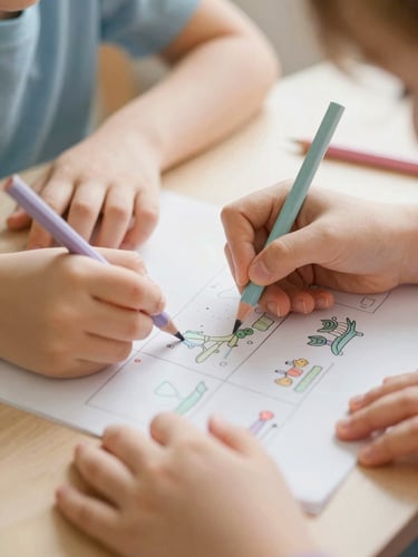 A close-up of children's hands coloring a printed activity sheet with soft pastel colored pencils, warm morning light, shallow depth of field, 35mm